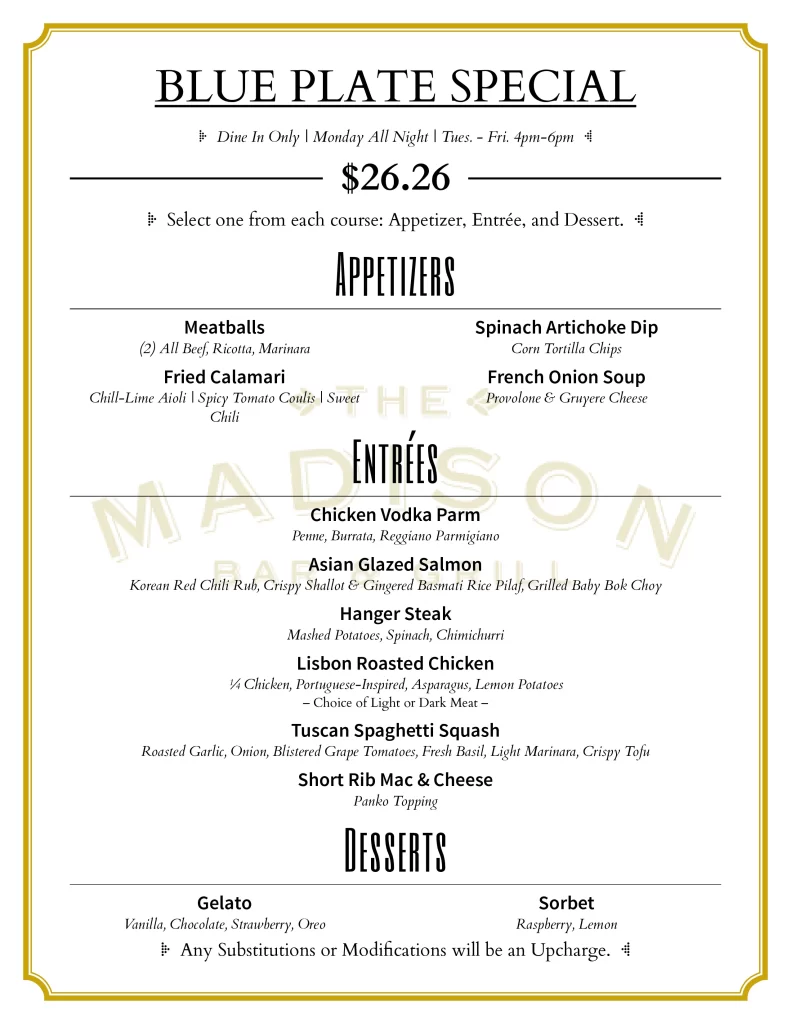 madison bar grill menu, Blue plate special menu