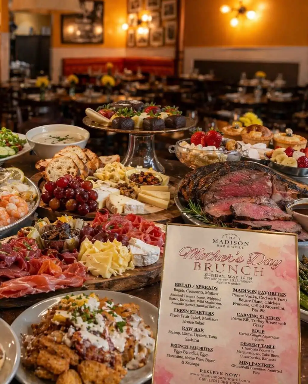 Mother's Day brunch spread with Prime Rib carving station
and full buffet at Madison Bar & Grill Hoboken NJ
